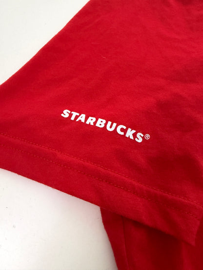 Leox Hub Starbucks Japan 2024 holiday staff t-shirt in red cotton with white logo detail on the sleeveLeox Hub Starbucks Japan 2024 Holiday staff t-shirt