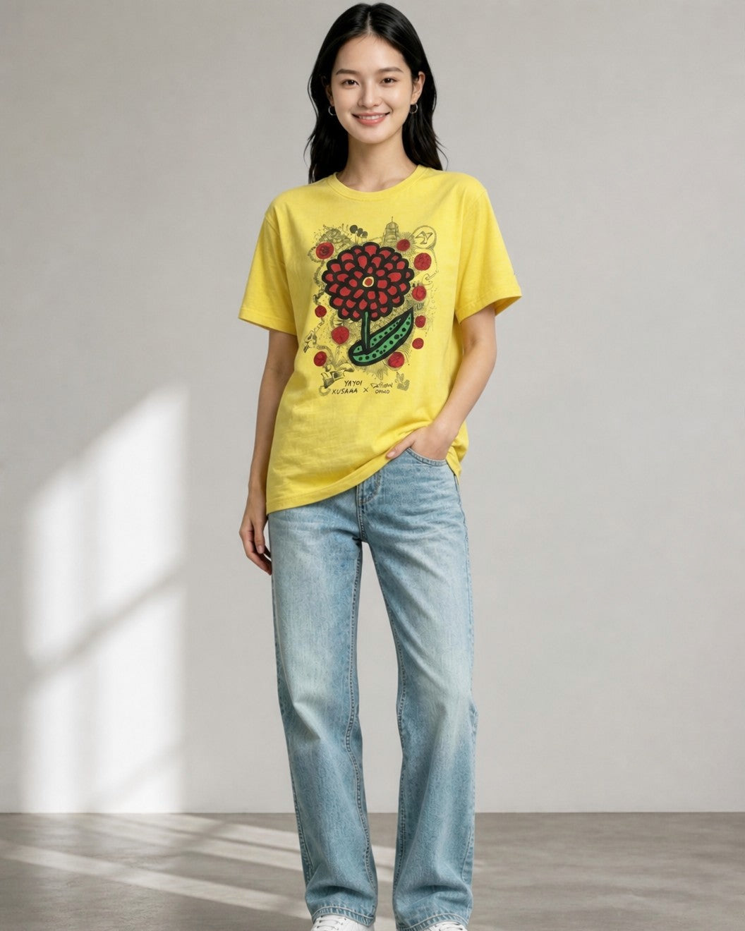 Leox Hub Yayoi Kusama x Satoshi Ohno Japan 24 Hour TV charity t-shirt featuring polka dot flower artwork