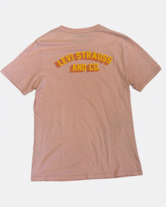 Dusty pink Levi Strauss and Co. t-shirt featuring yellow curved graphic logo printed on the back, back view