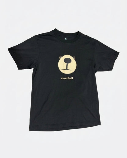 Black Montbell crewneck t-shirt featuring the iconic Monta Bear snout graphic and brand text printed on the center chest laid flat, front view