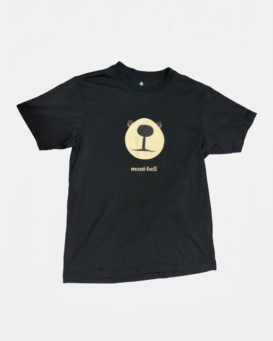 Black Montbell crewneck t-shirt featuring the iconic Monta Bear snout graphic and brand text printed on the center chest laid flat, front view