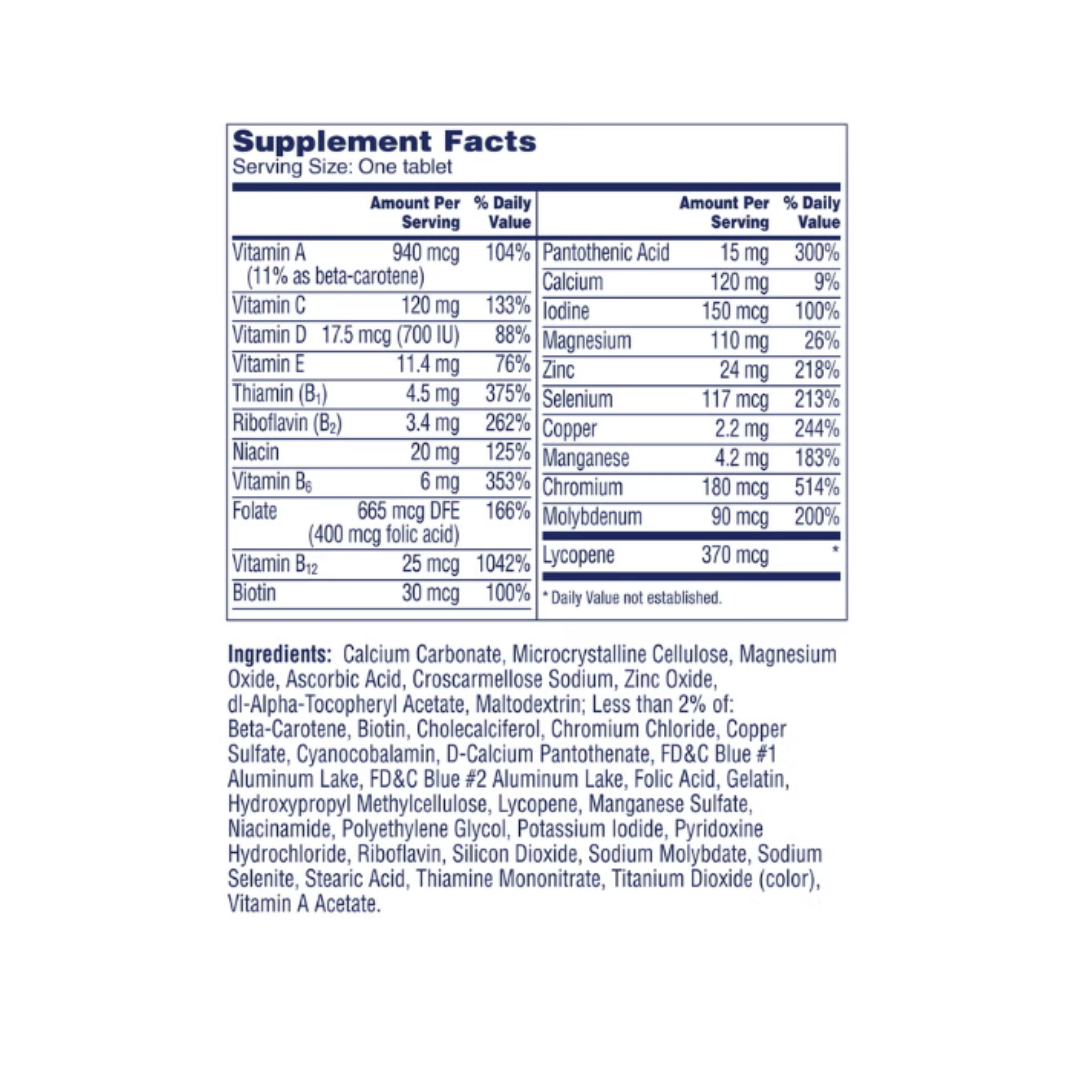 One A Day Men's 50+ Complete Multivitamin supplement facts label and ingredient list detailing vitamins, minerals, and daily values.