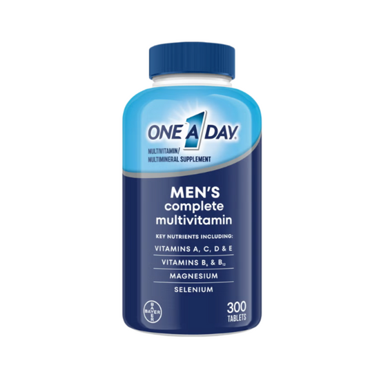 One A Day Men's Complete Multivitamin supplement bottle front view featuring 300 tablets and key nutrients for men.