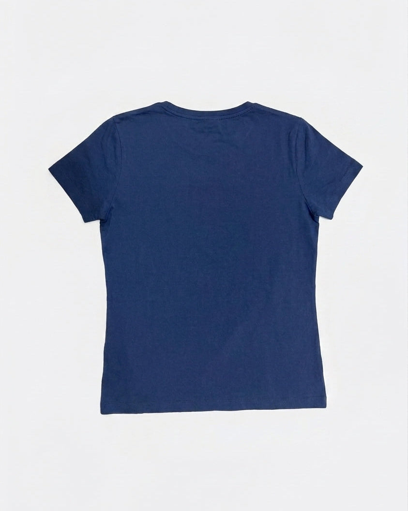 Plain navy blue crewneck cotton t-shirt laid flat, back view