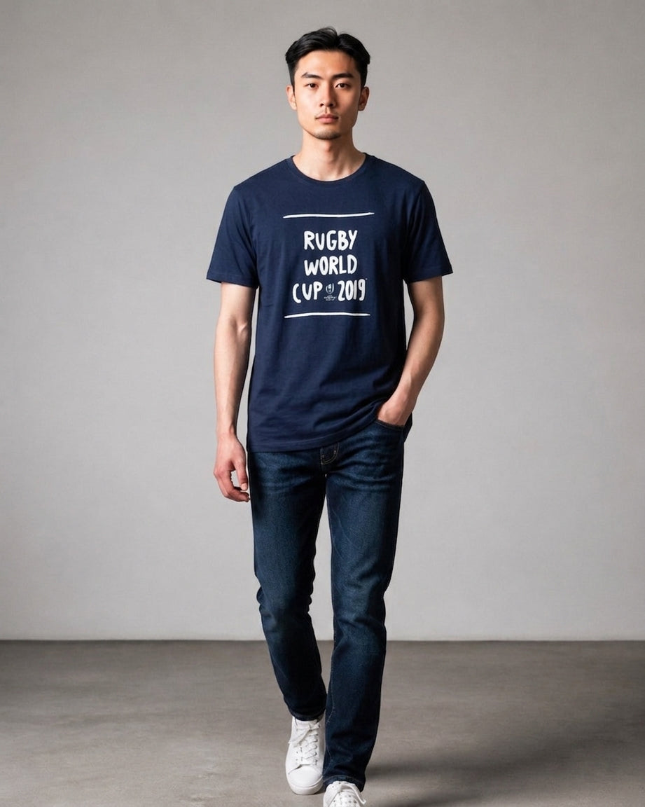 Man wearing a navy blue t-shirt with white Rugby World Cup 2019 text graphic print