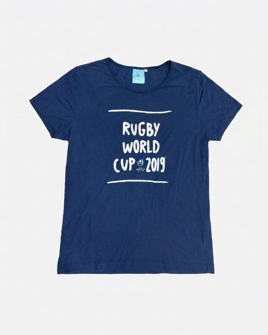 Navy blue Rugby World Cup Japan 2019 official merchandise t-shirt with white chest print, front view