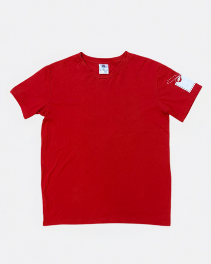 Red Starbucks Invite Joy holiday t-shirt featuring graphic print of festive coffee cups and white Starbucks logo, back view