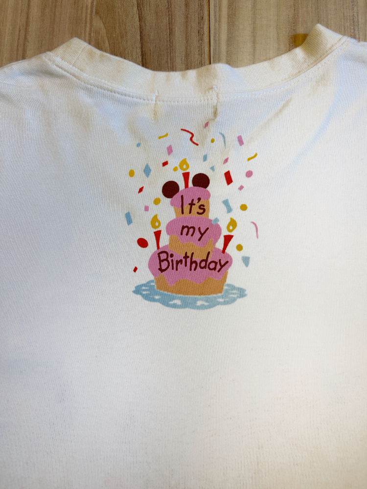 Upper back view of a white Tokyo Disney Resort graphic t-shirt featuring an illustration of a pink Mickey-themed birthday cake surrounded by colorful confetti and text reading It's my Birthday