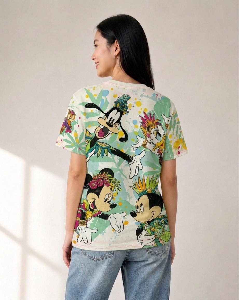Woman wearing a Tokyo DisneySea Donald's Hot Jungle Summer all-over print t-shirt seen from behind