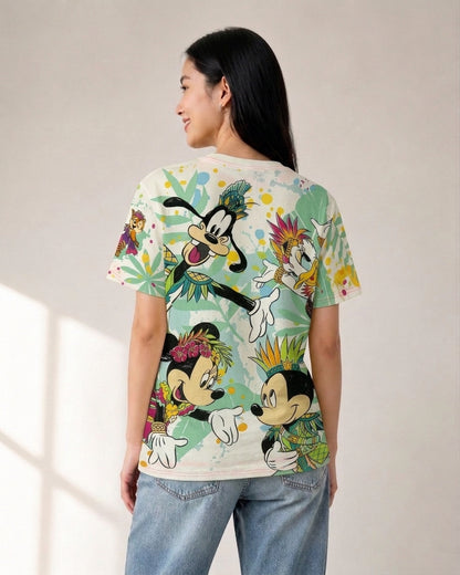 Woman wearing a Tokyo DisneySea Donald's Hot Jungle Summer all-over print t-shirt seen from behind