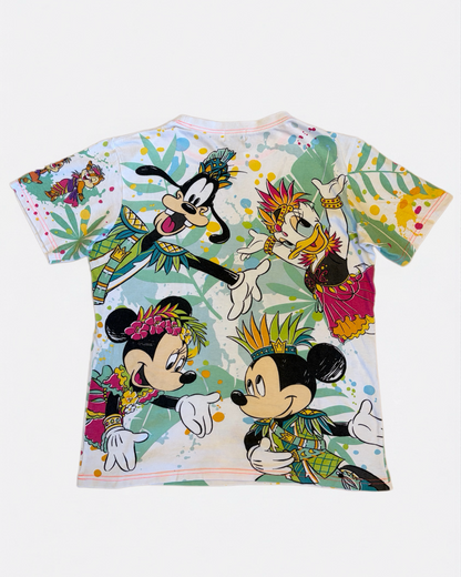 Tokyo DisneySea Donald's Hot Jungle Summer all-over print t-shirt in white featuring Mickey, Minnie, Goofy, and Daisy, back view